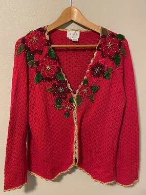 Vintage Just B Cardigan Sweater Womens XL Red Poinsettia Floral Beaded Christmas
